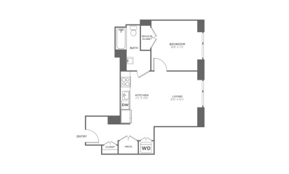 1 bedroom 1 bath 598 sq.ft.