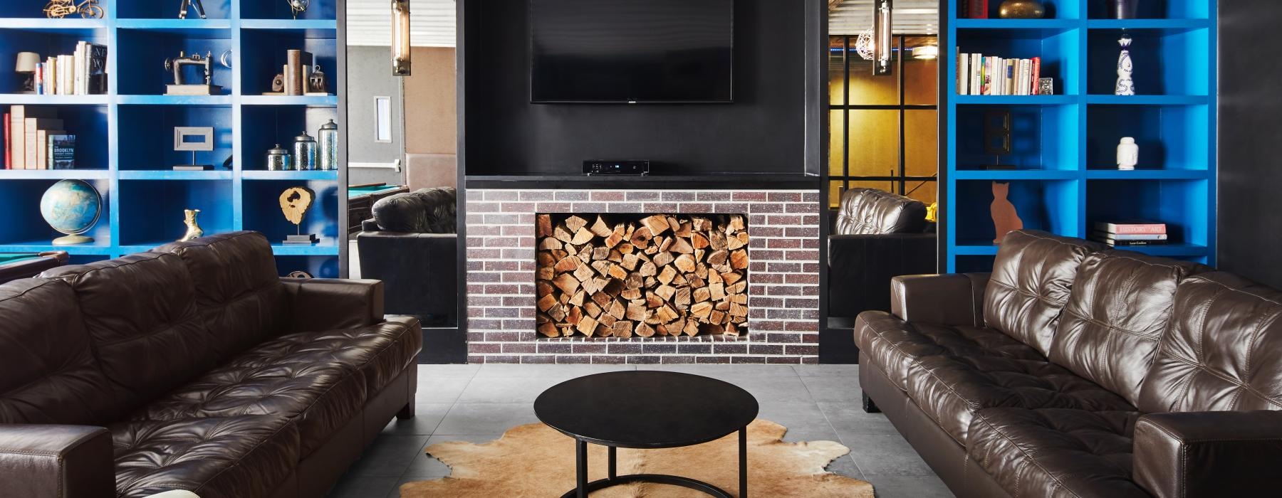 a living room with a fireplace